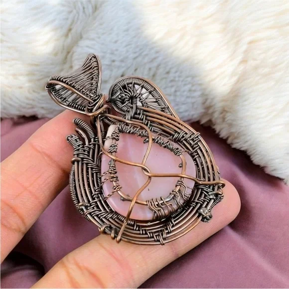 Rose Quartz Pendant Handmade Copper Wire Wrapped Necklace - Picture 4 of 7